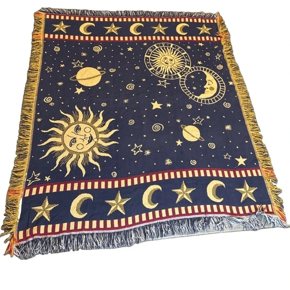 Vtg Goodwin Weavers Celestial Throw Blanket 90s Y2K Sun Moon 100% Cotton #14900
